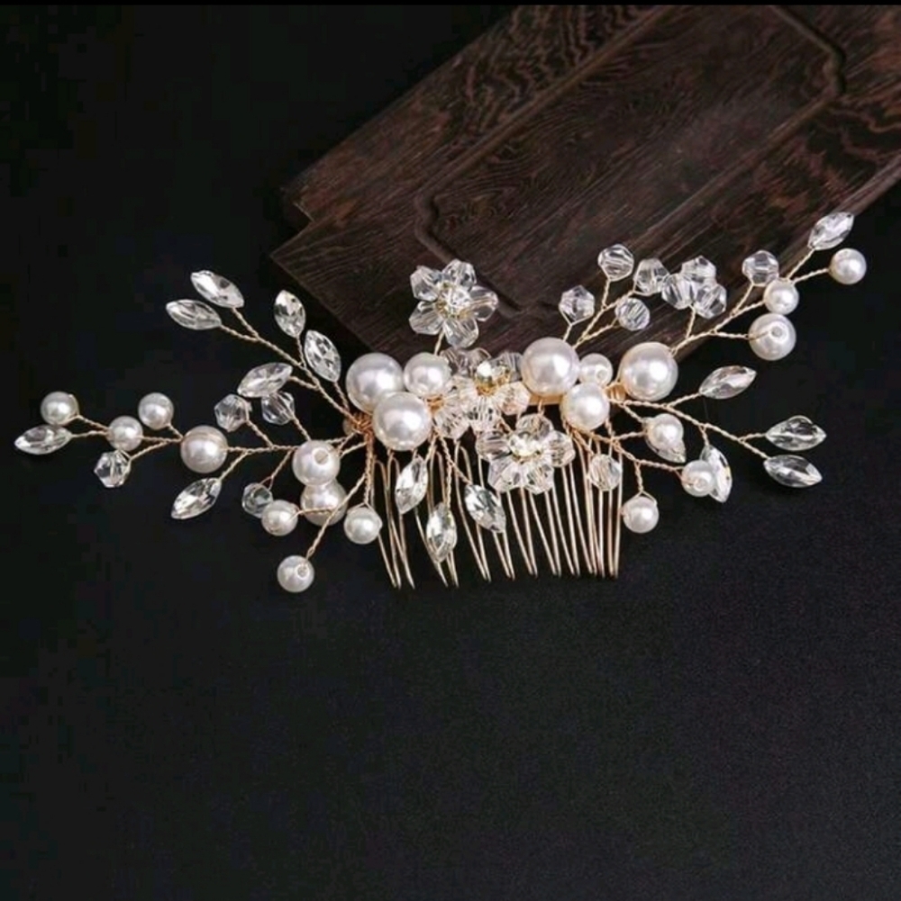 Wedding Hair Comb Gold Silver Rhinestone Floral Faux Pearl Hair Comb